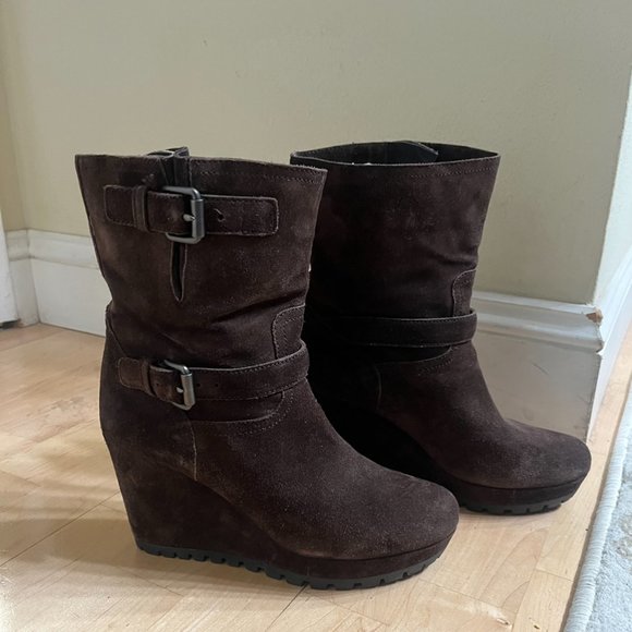 Prada Brown Suede Platform Wedge Buckle Ankle/Calf Boots - Sz39 (8.5) - Picture 1 of 12